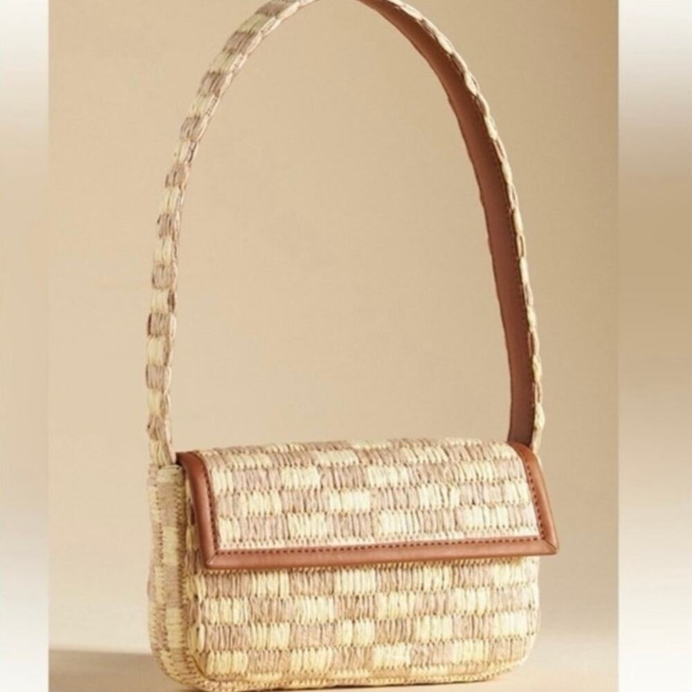 Anthropologie Fiona Raffia Woven Shoulder Bag Leather Trim NWT